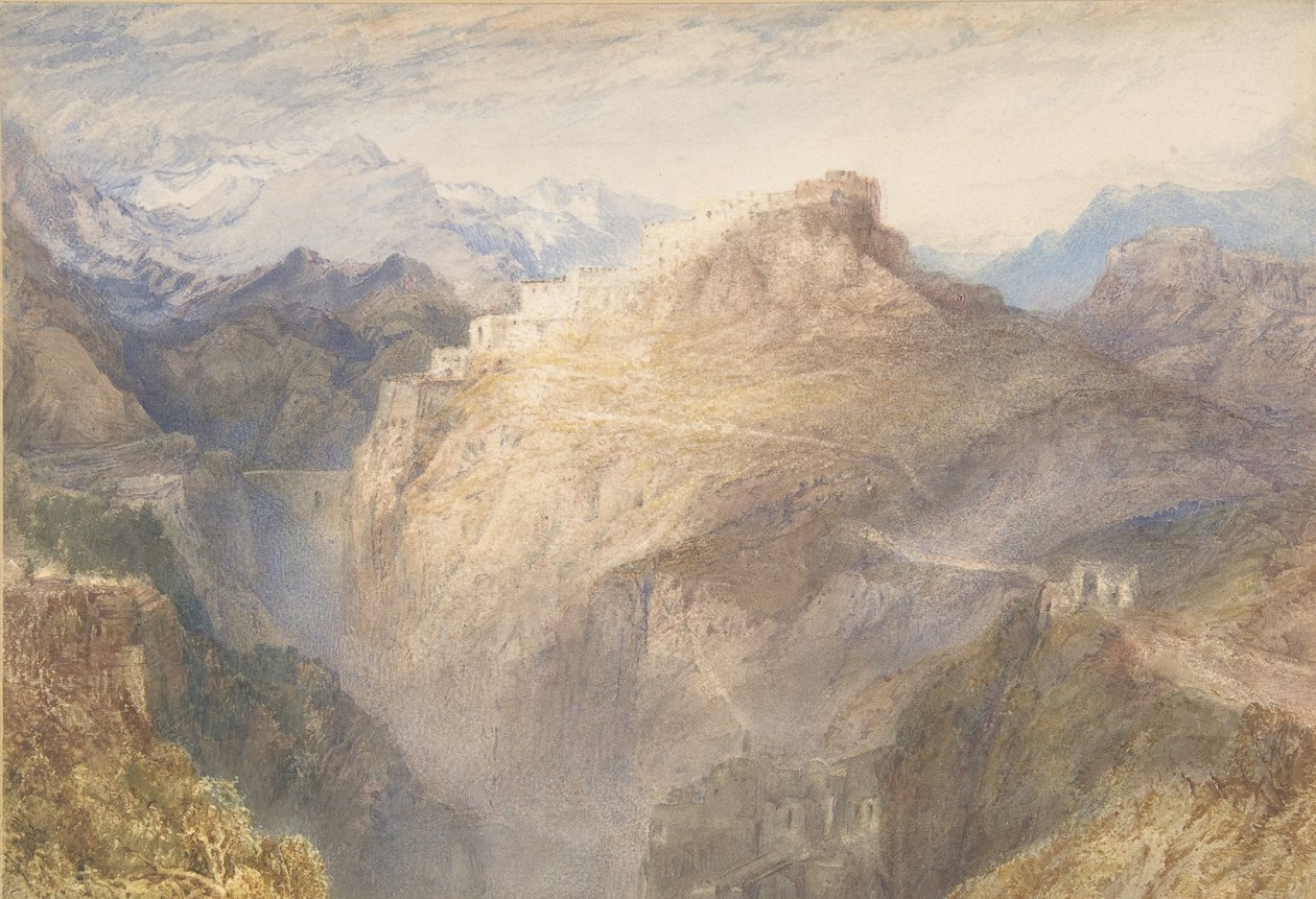LEssillonin linnake, Val de la Maurienne, Ranska, 1836 (wc ja guassi grafiitin päällä) tekijältä Joseph Mallord William Turner