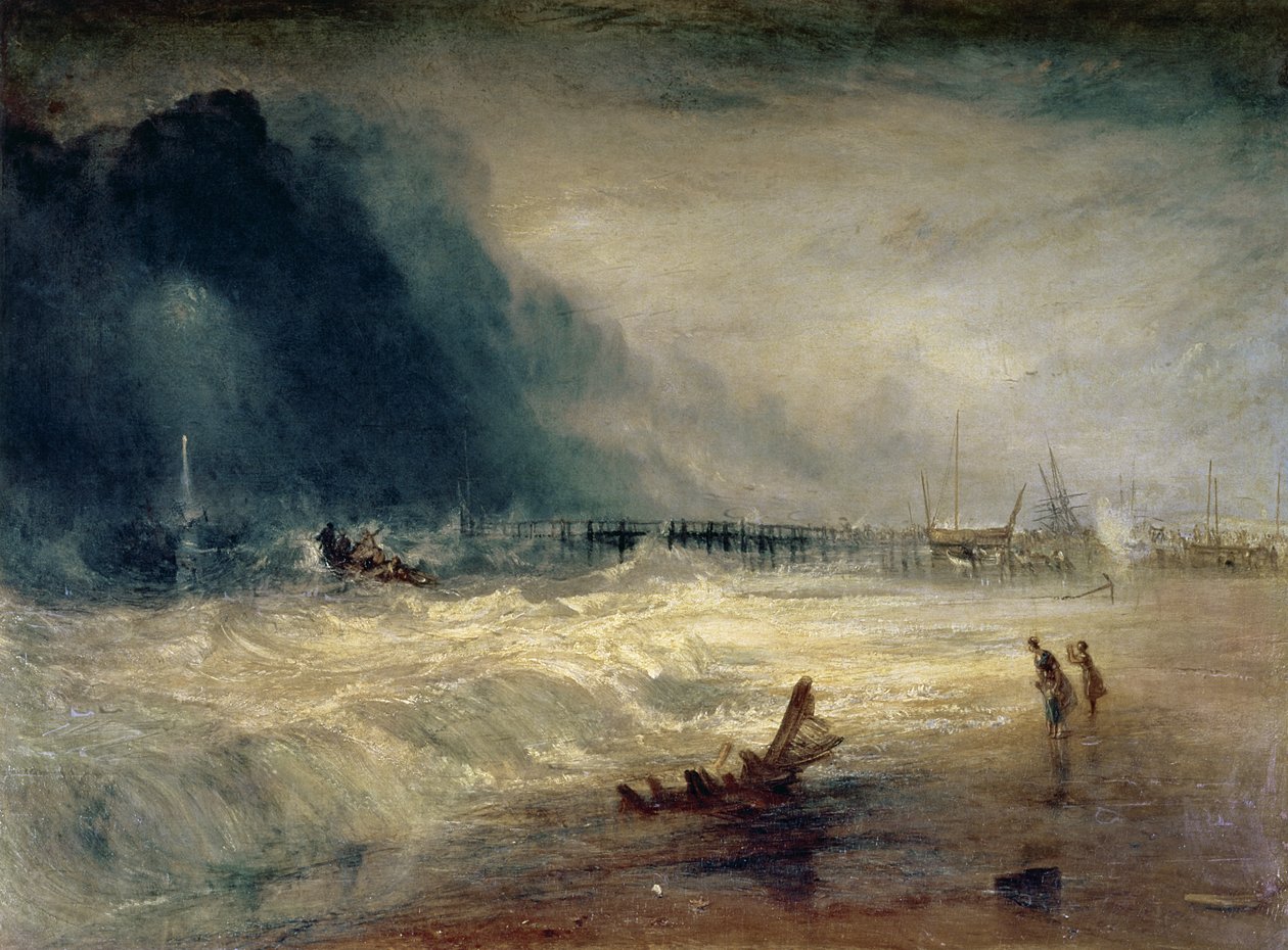 Pelastusvene ja Manby-laite lähtevät jumiin jääneelle alukselle antamaan hädässä olevaa merkkiä (sinisiä valoja), n. 1831 tekijältä Joseph Mallord William Turner