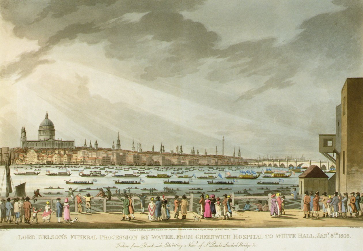 Lord Nelsonin hautajaiskulkue vesillä Greenwichistä Whitehalliin teoksesta "The History and Graphic Life of Nelson", kaiverrettu J. Clark ja H. Marke, pub. Kirjailija: Orme, 1806 tekijältä Joseph Mallord William Turner