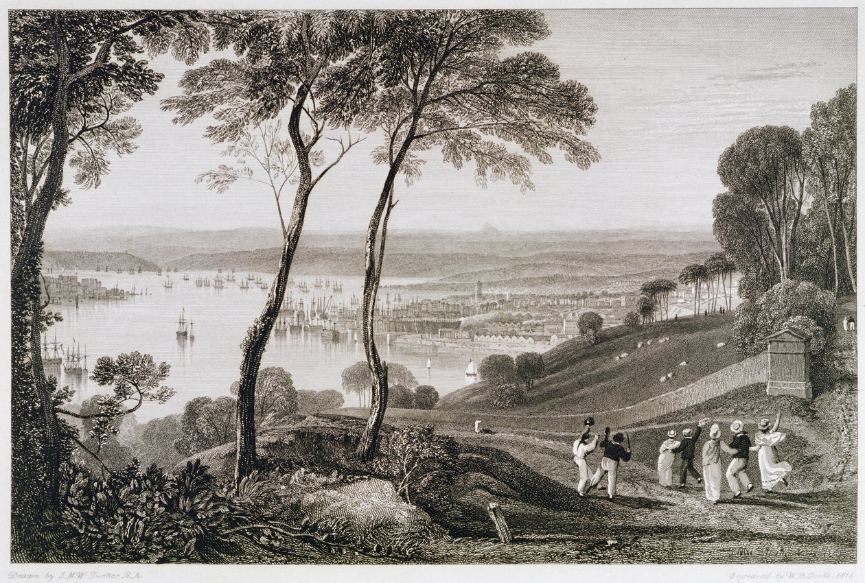 Plymouth Dock Mount Edgecombesta, "Cooken maalauksellisista näkymistä Englannin etelärannikolle" kaivertanut William Bernard Cooke (1778-1855) 1814-26 tekijältä Joseph Mallord William Turner