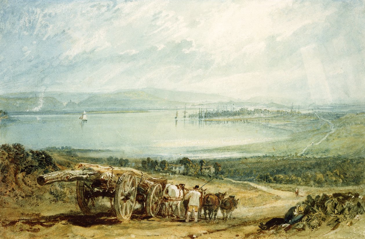 Poole, Dorset ja Corfen linna kaukana (wc korotettu vartalovärillä paperille) tekijältä Joseph Mallord William Turner