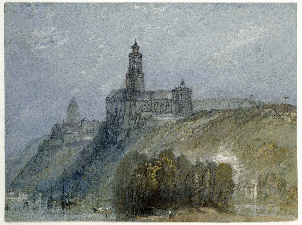 Saint-Florent-le-Vieil, n. 1826-30 (akvarelli ja vartaloväri kynällä ja mustalla ja ruskealla musteella sinisellä paperilla) tekijältä Joseph Mallord William Turner