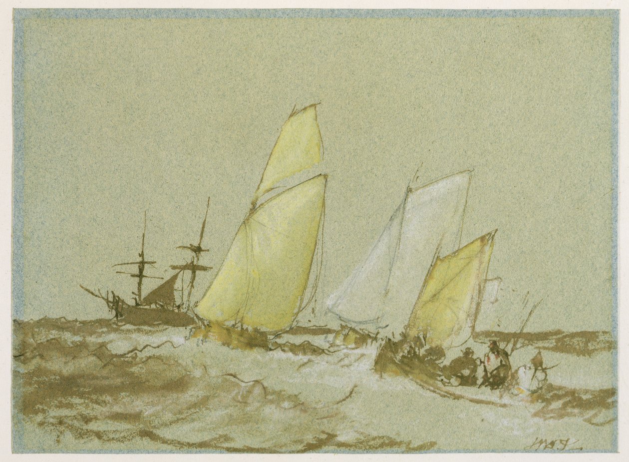 Toimitus, n. 1828-30 (kynä, sivellin ja ruskea muste, vartaloväri ja grafiitti sinisellä paperilla) tekijältä Joseph Mallord William Turner