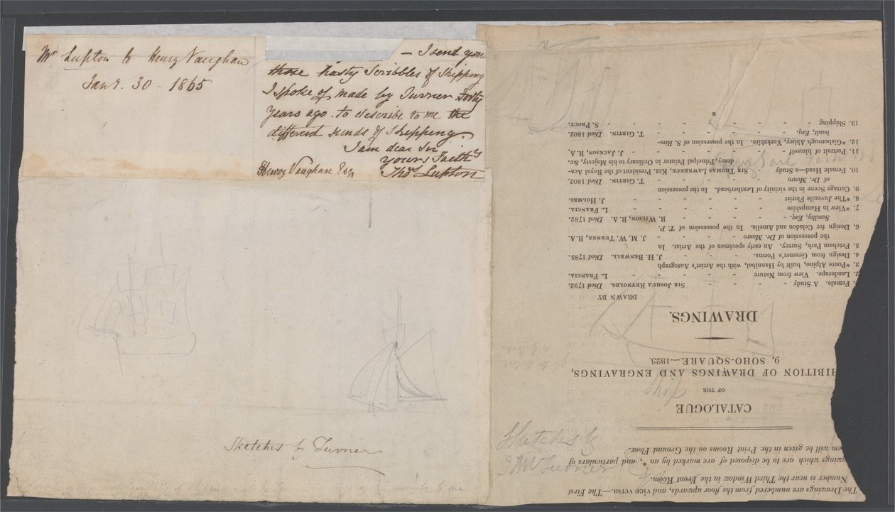 Luonnos kahdesta aluksesta luettelosivulla tekijältä Joseph Mallord William Turner