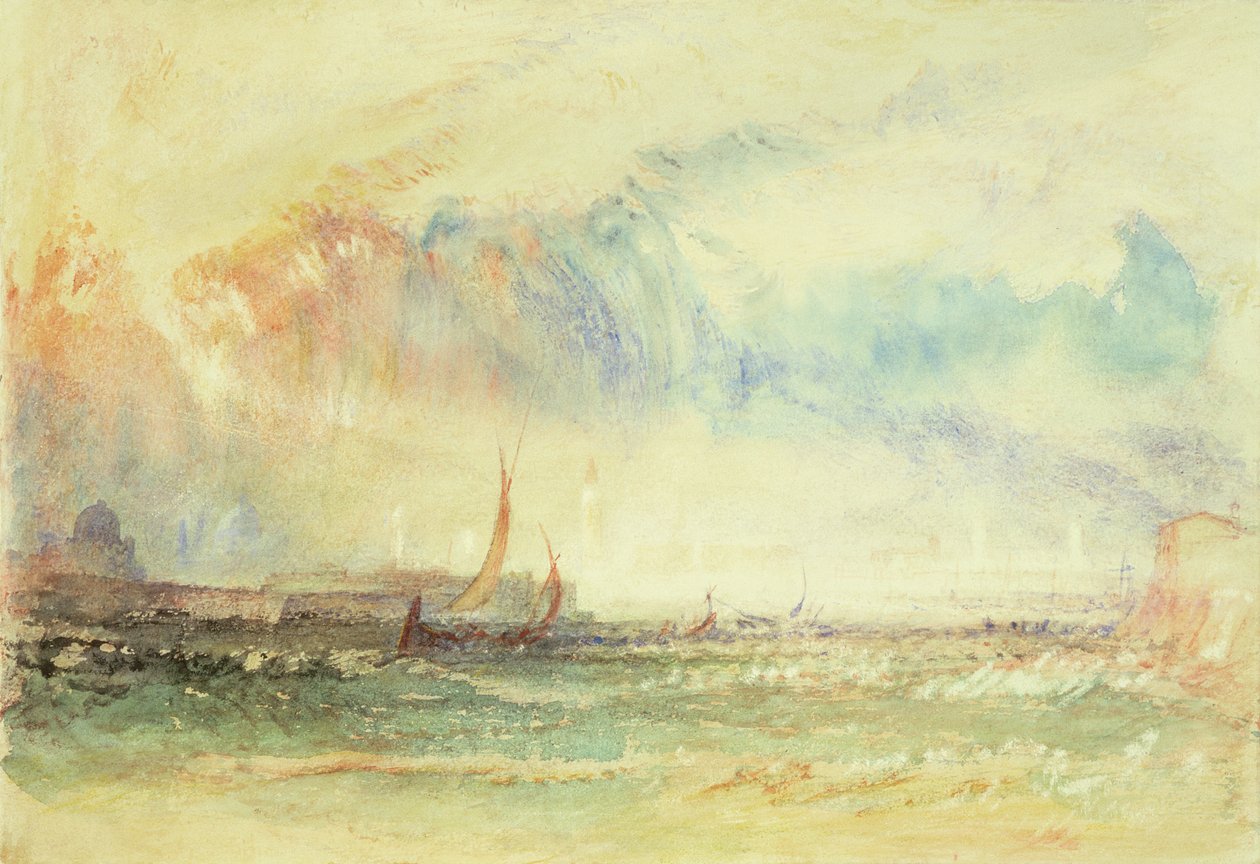 Myrsky auringonlaskun aikaan, Venetsia, n. 1840 (wc, guassi ja punainen muste) tekijältä Joseph Mallord William Turner