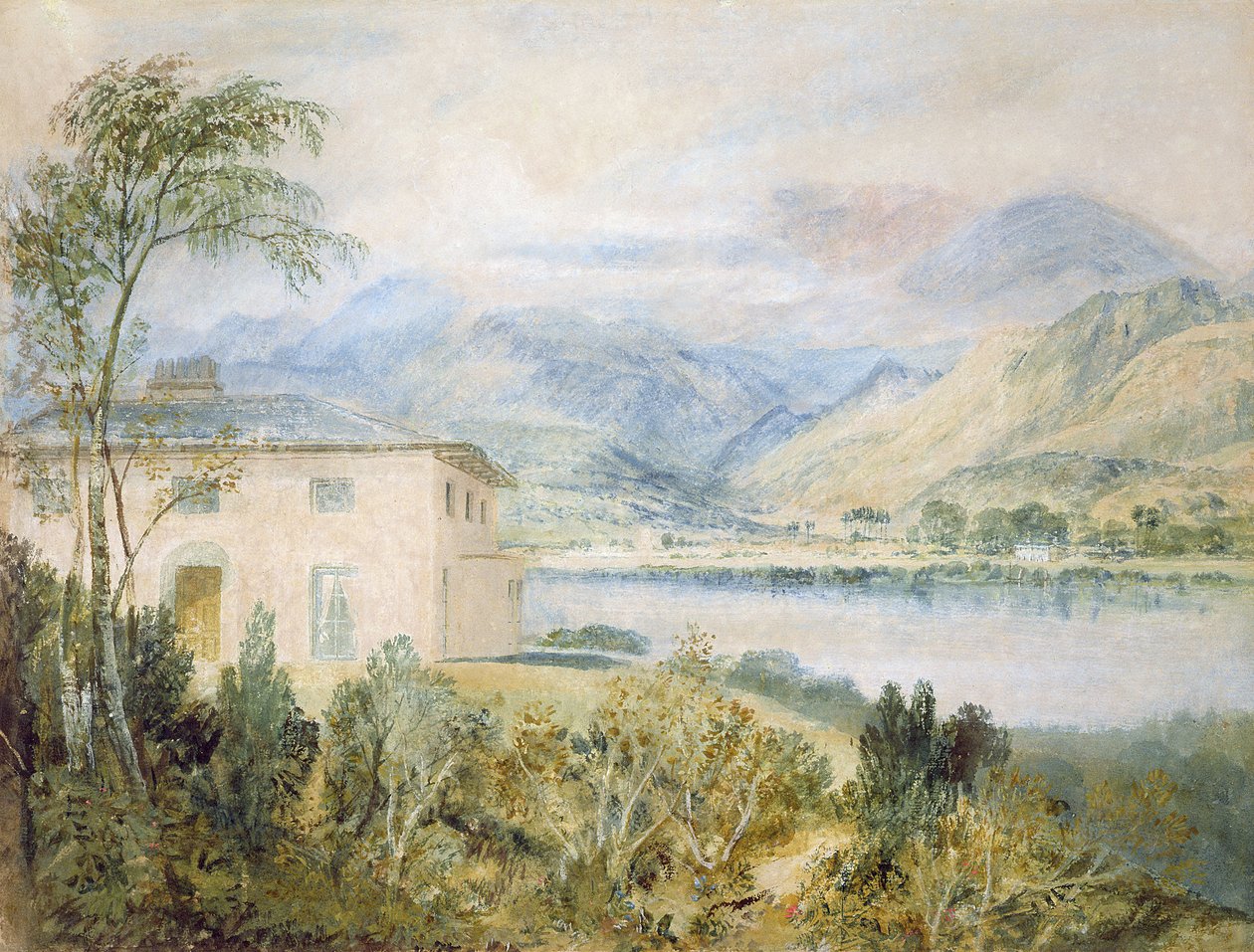 Telttamaja, Coniston Water, 1818, (wc ja vartaloväri harmaalla paperilla) tekijältä Joseph Mallord William Turner
