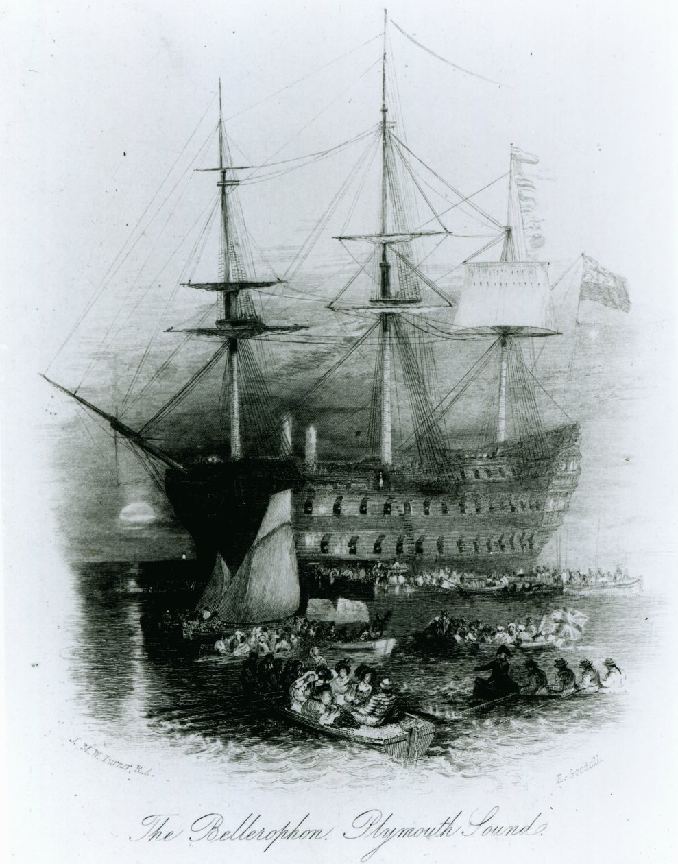 Bellerophon Plymouth Soundissa vuosina 1815, 1834-36 tekijältä Joseph Mallord William Turner
