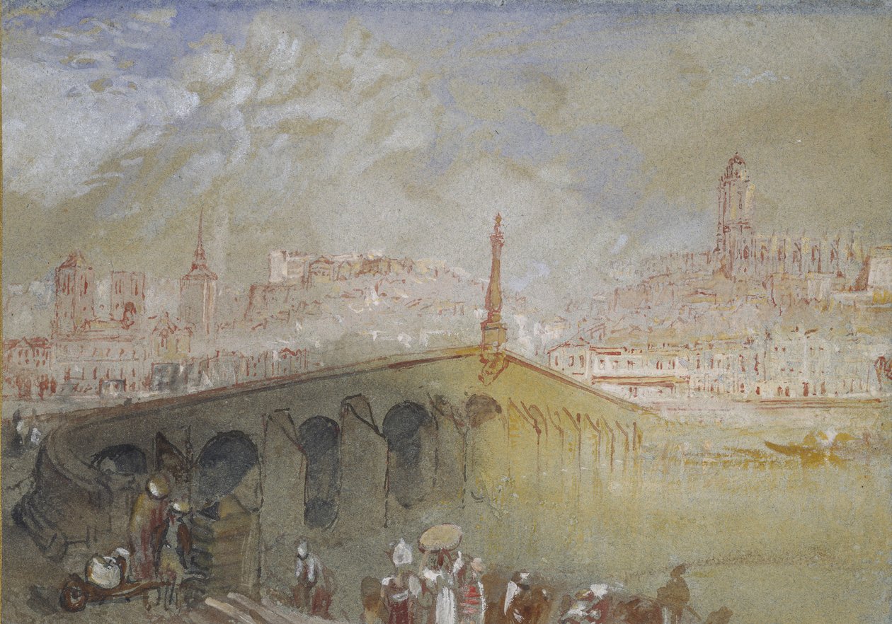 The Bridge at Blois: Fog Clearing, 1826 - 1830 (akvarelli vartalovärillä ja kynällä sekä punaisella ja mustalla musteella) tekijältä Joseph Mallord William Turner
