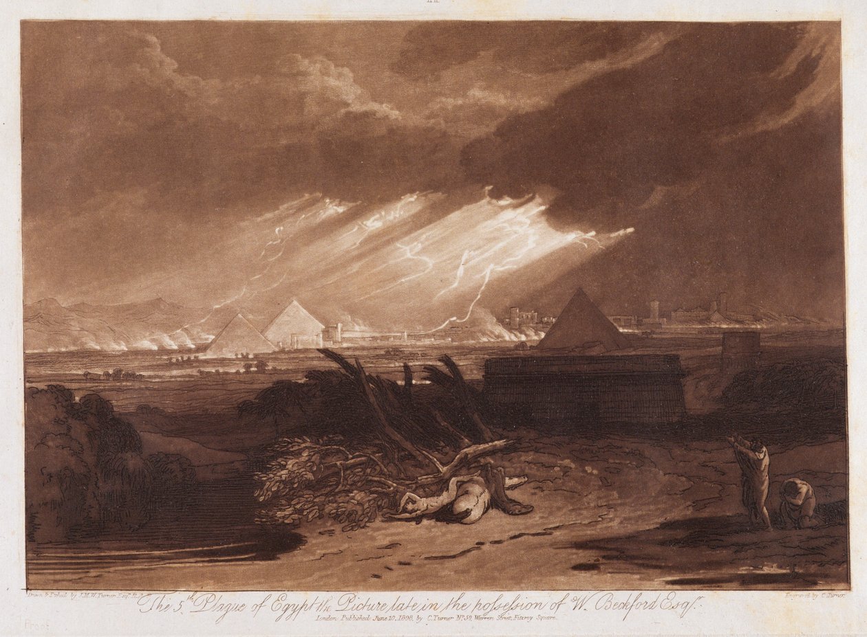 Viides Egyptin plakki, kaiverrettu Charles Turner (1773-1857) 1808 (etsaus ja mezzotint painettuna ruskealla musteella paperille) tekijältä Joseph Mallord William Turner