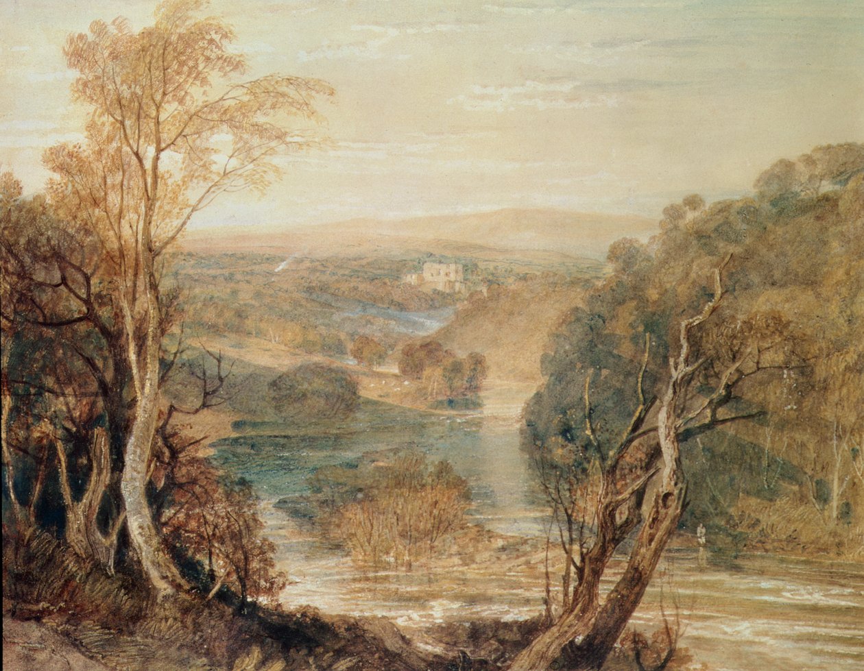River Wharfe, josta on kaukainen näkymä Barden Toweriin tekijältä Joseph Mallord William Turner