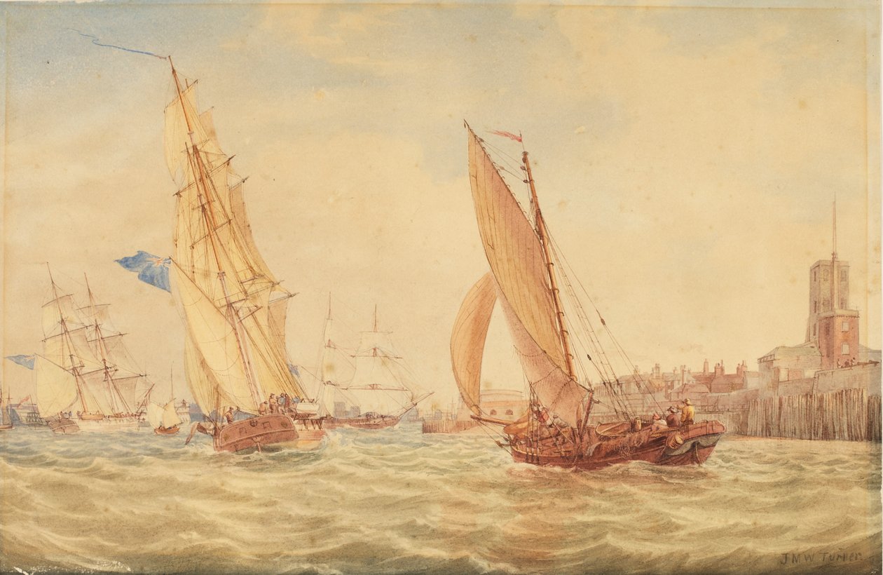 Kolme sotaa ja kalastusmaku satamaan, Portsmouth, n. 1800-30 tekijältä Joseph Mallord William Turner