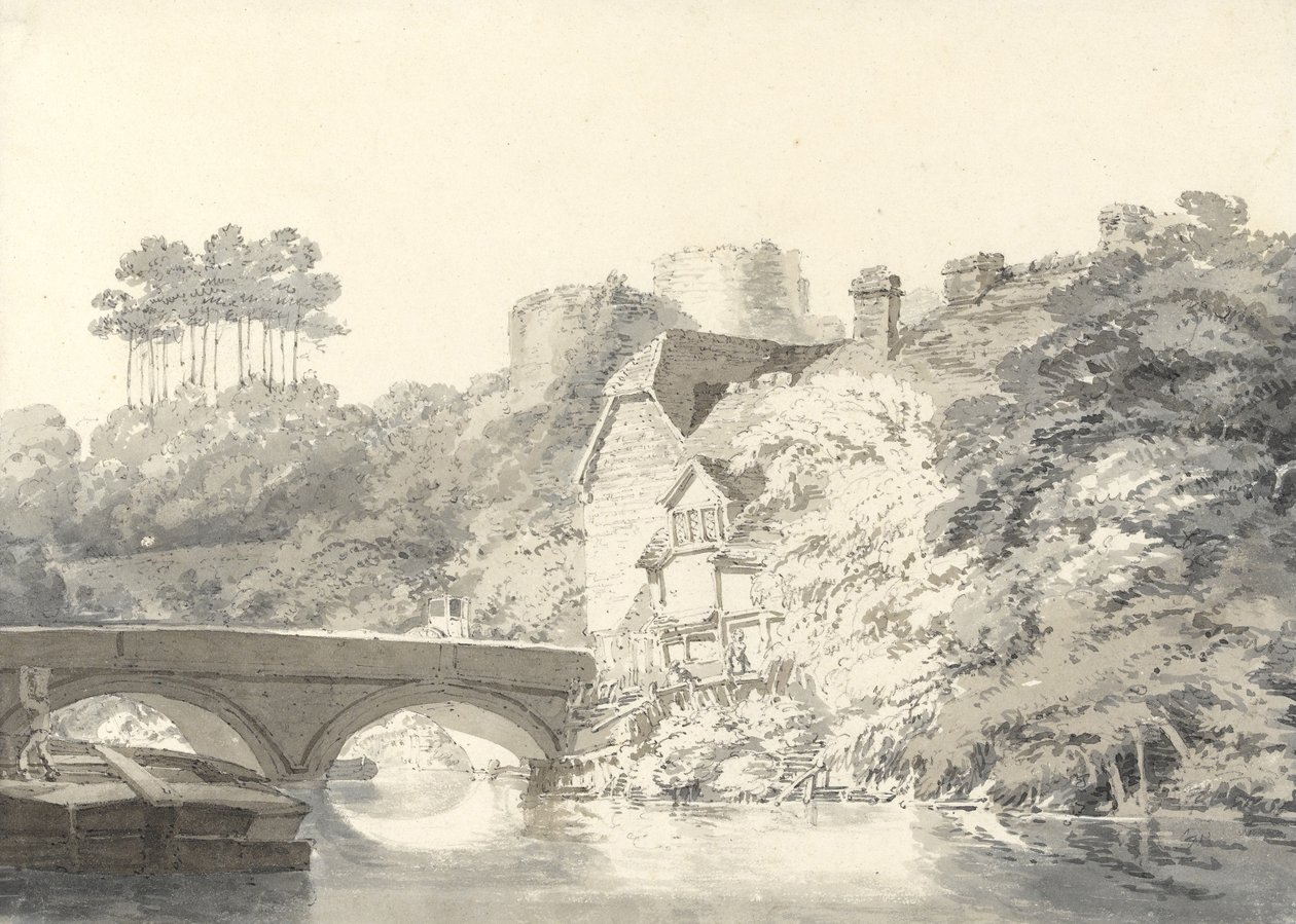 Tonbridge Castle, Kent, n. 1794 (kynä pesulla paperilla) tekijältä Joseph Mallord William Turner