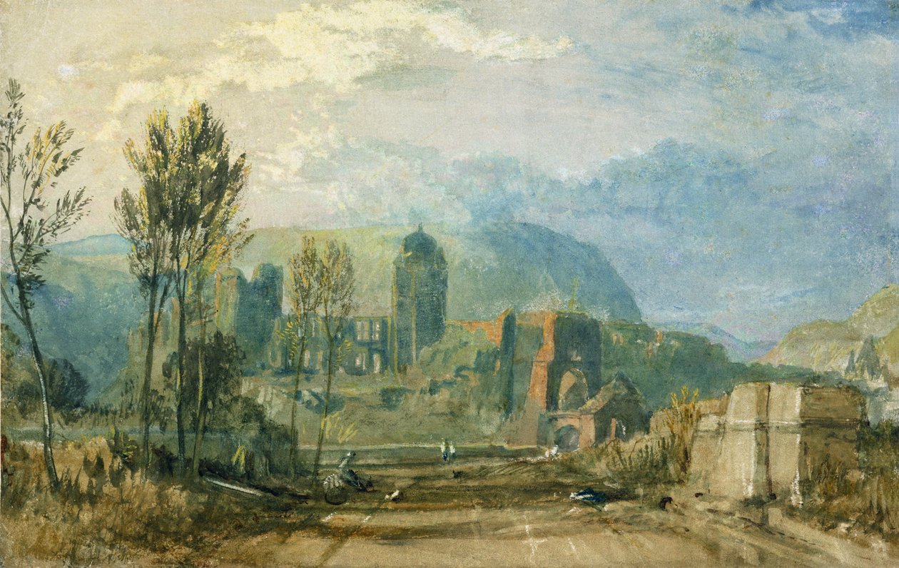 Tours, Auringonlasku: Katse taaksepäin, n. 1826-1830 (guassi ja wc, kynä ja muste grafiitin päällä paperilla) tekijältä Joseph Mallord William Turner