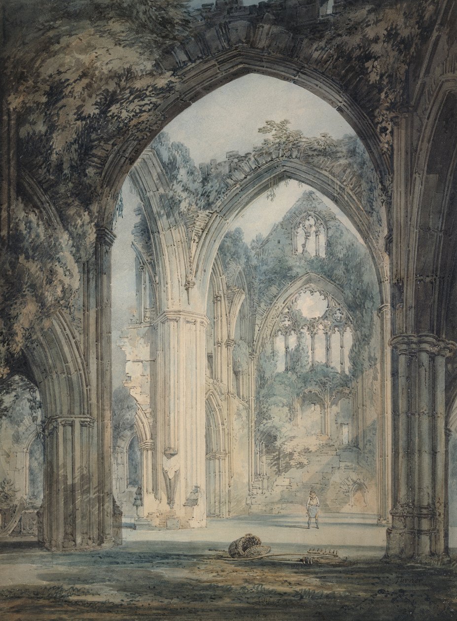 Transept of Tintern Abbey, Monmouthshire, n. 1794 (akvarelli grafiitin päällä kynällä ja mustalla musteella) tekijältä Joseph Mallord William Turner