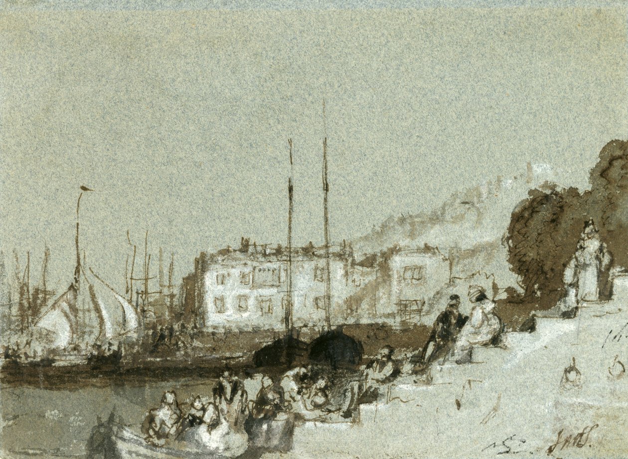 Näkymä Seaport East Cowesiin, Isle of Wight, 1828 (muste, pesuaine ja valkoinen liitu sinisellä paperilla) tekijältä Joseph Mallord William Turner