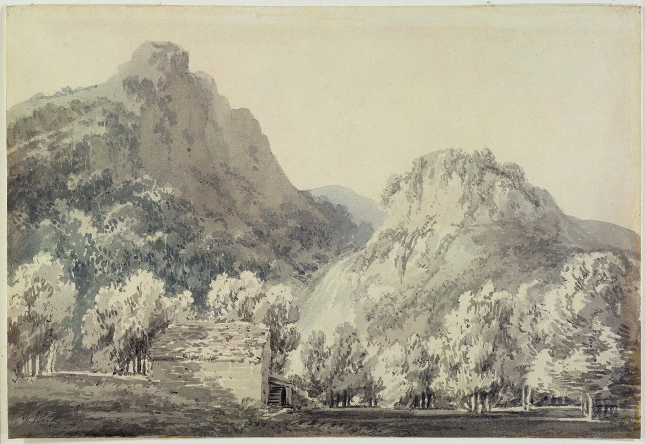 Vesiputous Lodoressa, Cumberlandissa (harmaa ja sininen pesu grafiitin päällä paperilla) tekijältä Joseph Mallord William Turner