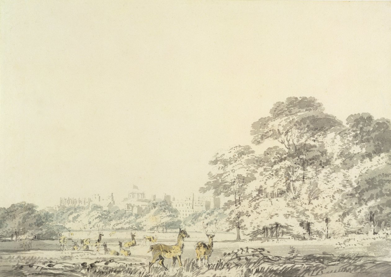 Windsorin linna ja puisto peurojen kanssa (wc kynällä paperilla) tekijältä Joseph Mallord William Turner