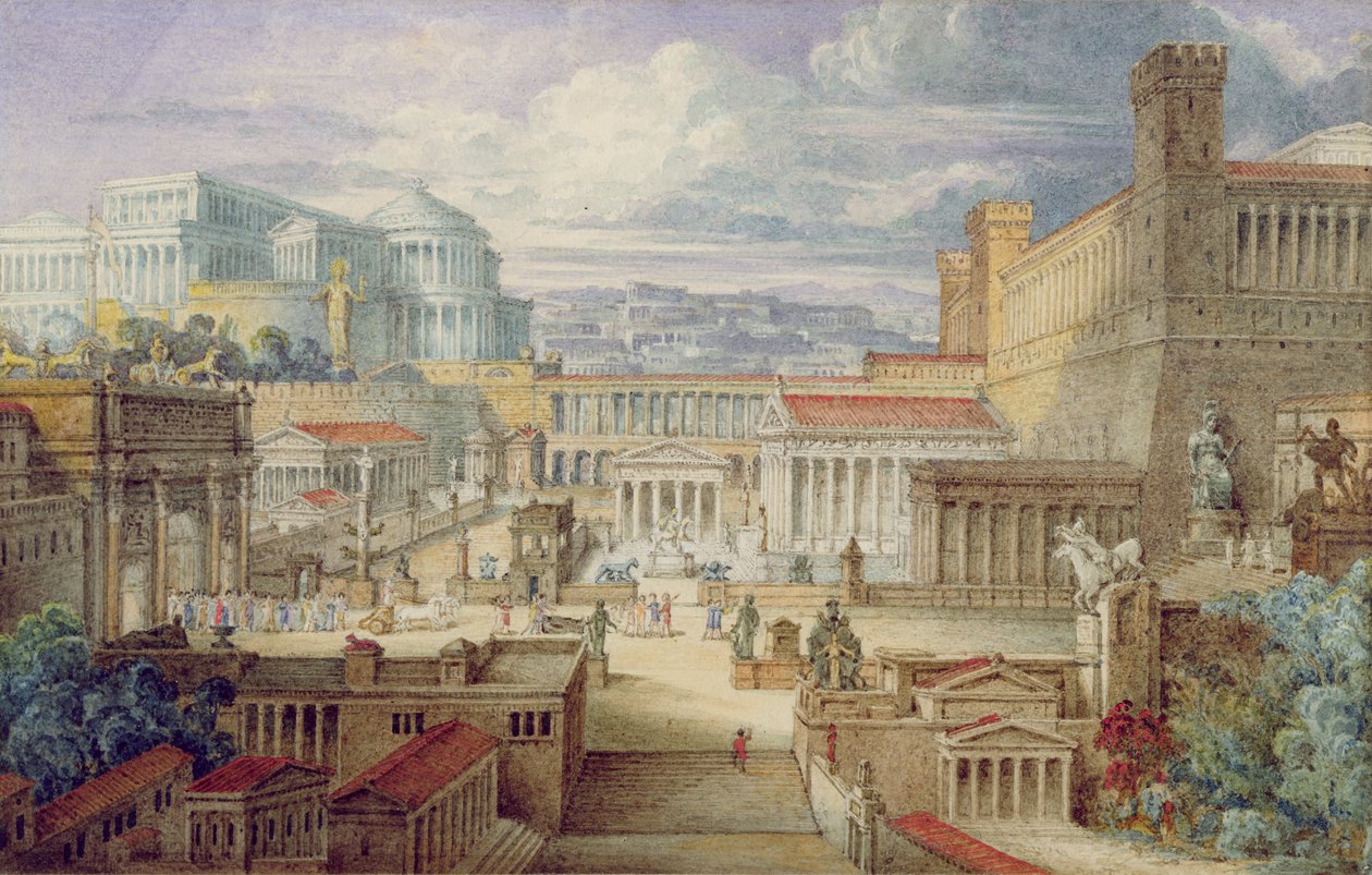 Kohtaus muinaisessa Roomassa, kuvaus Titus Andronicukselle, I näytös, kohtaus 3, n. 1830 (wc ja guassi kynällä ja musteella paperille) tekijältä Joseph Michael Gandy