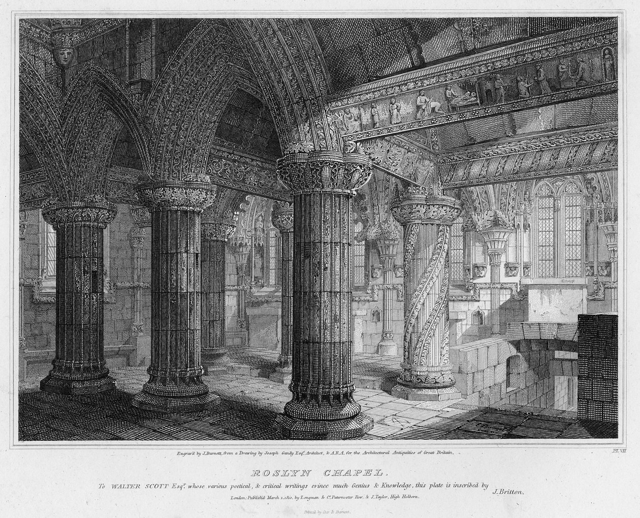 Roslynin kappeli, kaiverrettu J. Burnettin toimesta, 1810. tekijältä Joseph Michael Gandy