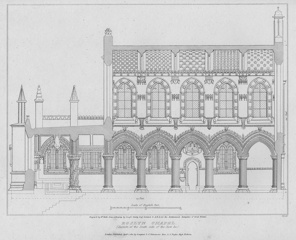 Roslyn Chapel, osa kuoron eteläpuolelta, kaiverrus Richard Roffe, 1810 tekijältä Joseph Michael Gandy