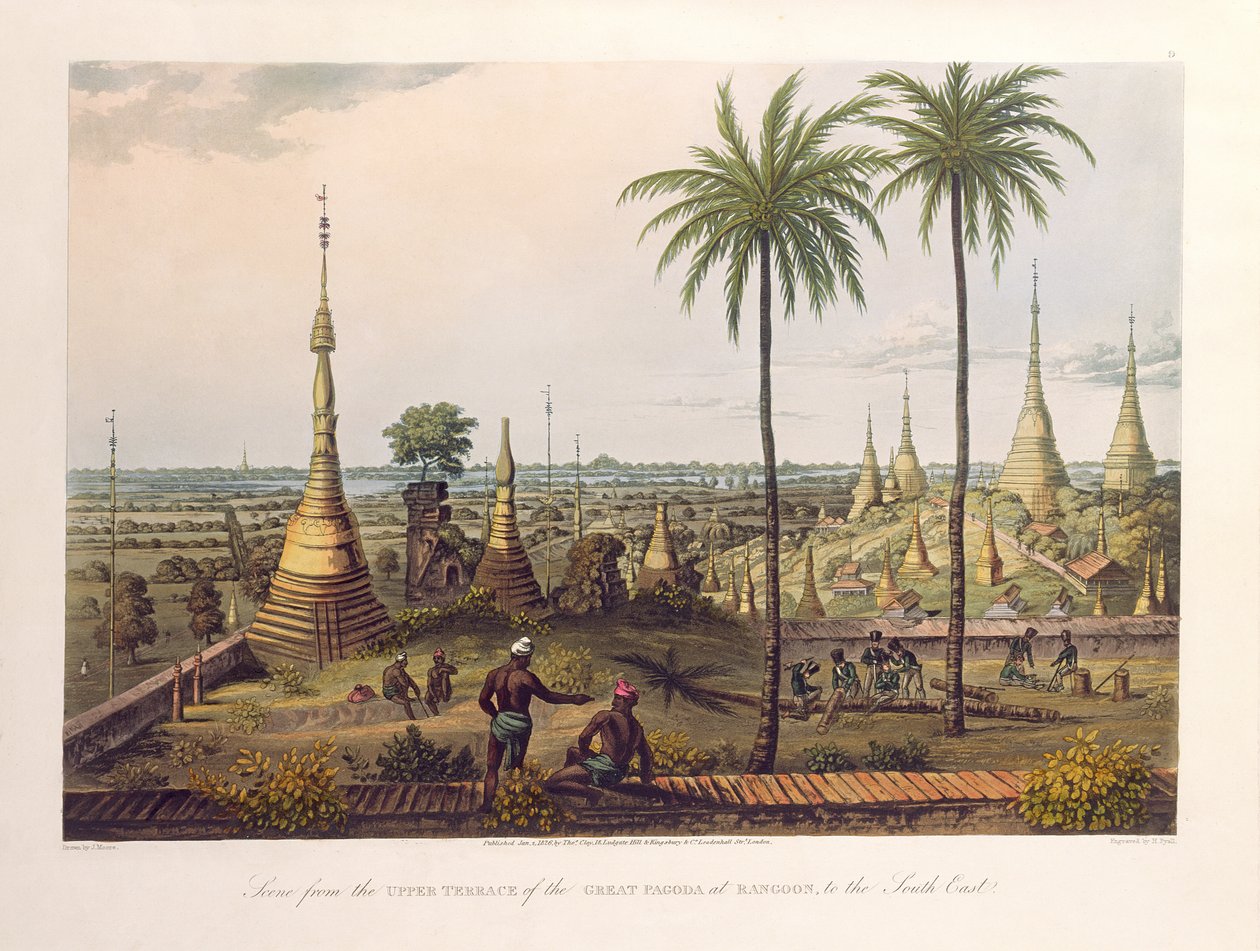 Kohtaus Suuren Pagodin yläterassilta Rangoonissa kaakkoon, kaiverrus H. Pyall, pub. kirjoittanut Kingsbury und Co., 1826 (värillinen akvatinta) tekijältä Joseph Moore