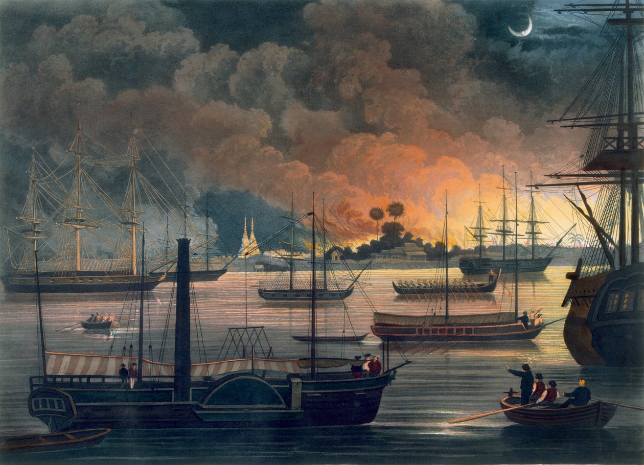 The Conflagration of Dallas on the Rangoon River, levy 17 "Rangoon Viewsista", kaiverrus George Hunt, 1826 (akvatinta) tekijältä Joseph Moore