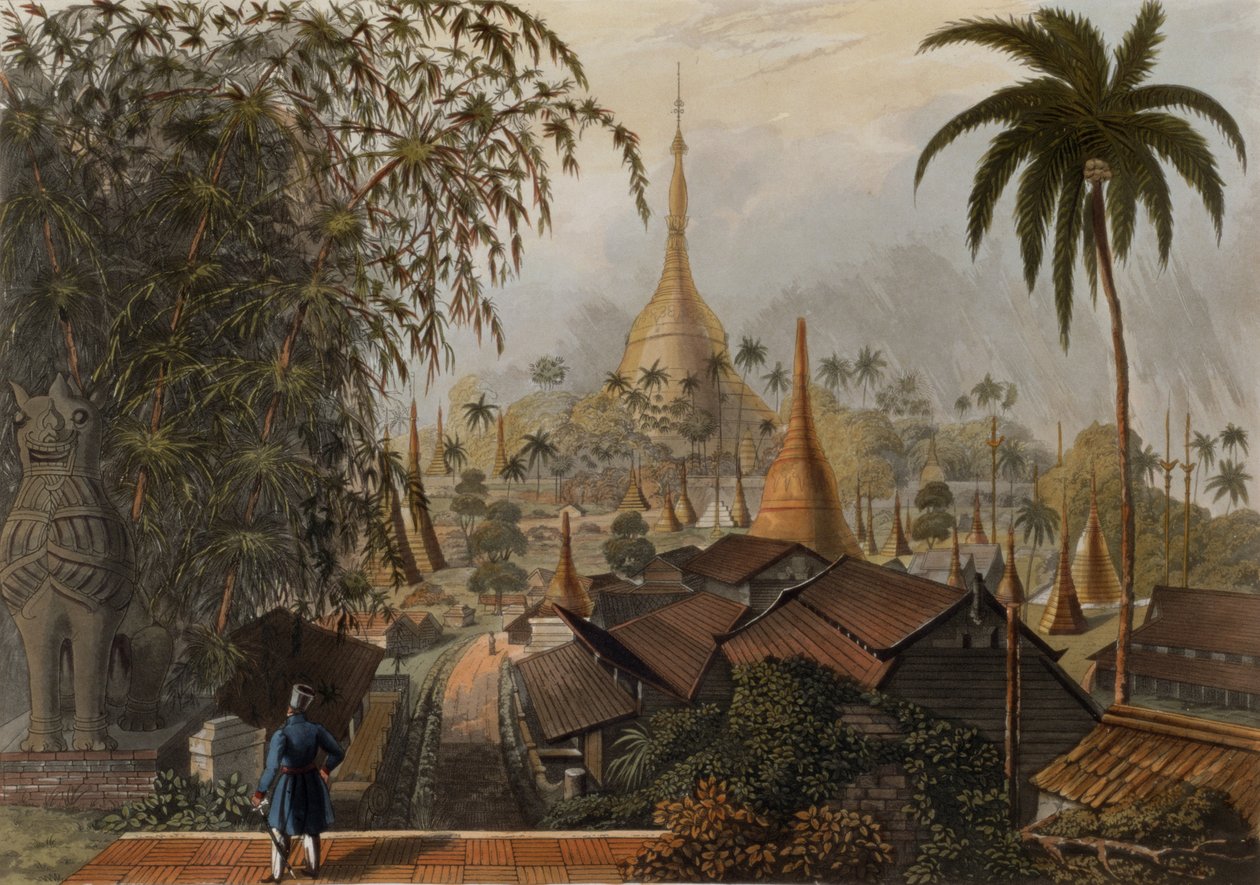 Näkymä Suuren Dagonin pagodista ja viereisestä maisemasta otettu itäisellä tiellä Rangoonista, levy 16 "Rangoon Viewsista", kaiverrus T. Fielding, 1825 (akvatinta) tekijältä Joseph Moore