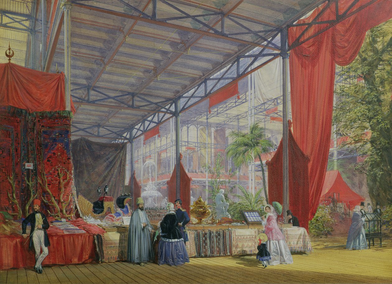 Osa vuoden 1851 suuren näyttelyn poikkipeitosta, jossa näkyy Kojuja turkkilaisten tavaroineen, 1851 tekijältä Joseph Nash