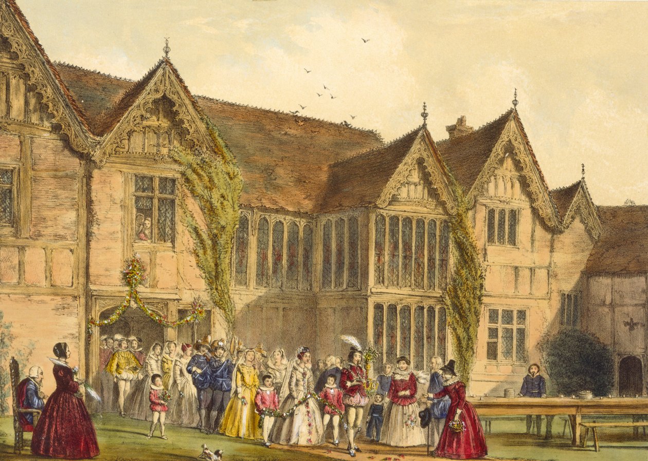 Country Wedding, Ockwells Manor Berkshiressä, n. 1600, teoksesta "Keskiajan arkkitehtuuri", 1838 tekijältä Joseph Nash