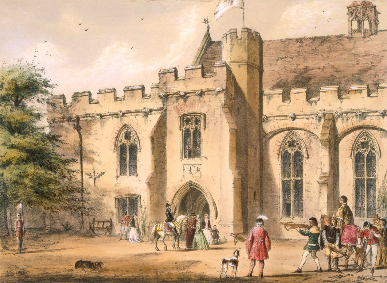 Varsijousikäytäntö, Penhurst Place, Kent, 1600-luvulla, teoksesta "Architecture of the Middle Ages", julkaistu 1838 tekijältä Joseph Nash