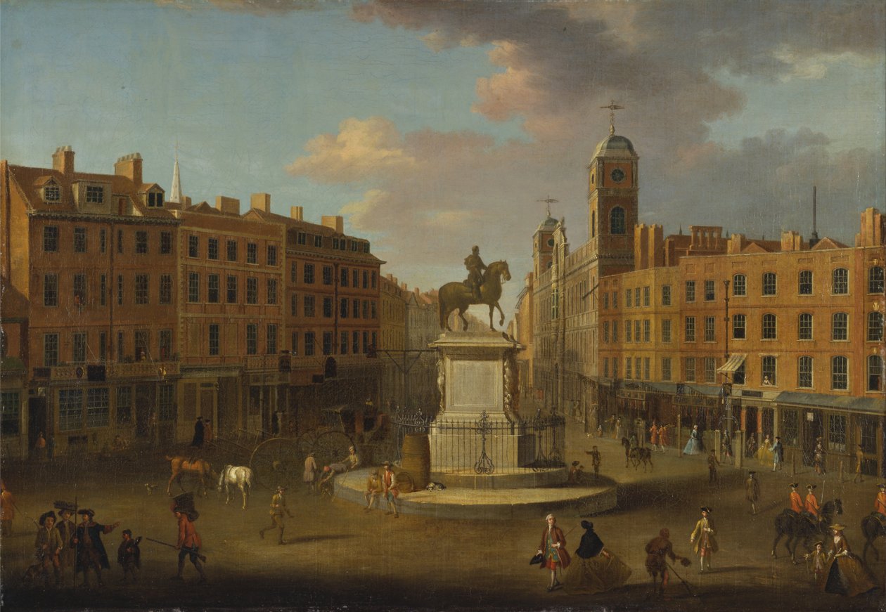 Charing Cross, jossa on kuningas Kaarle I:n patsas ja Northumberland House. tekijältä Joseph Nickolls