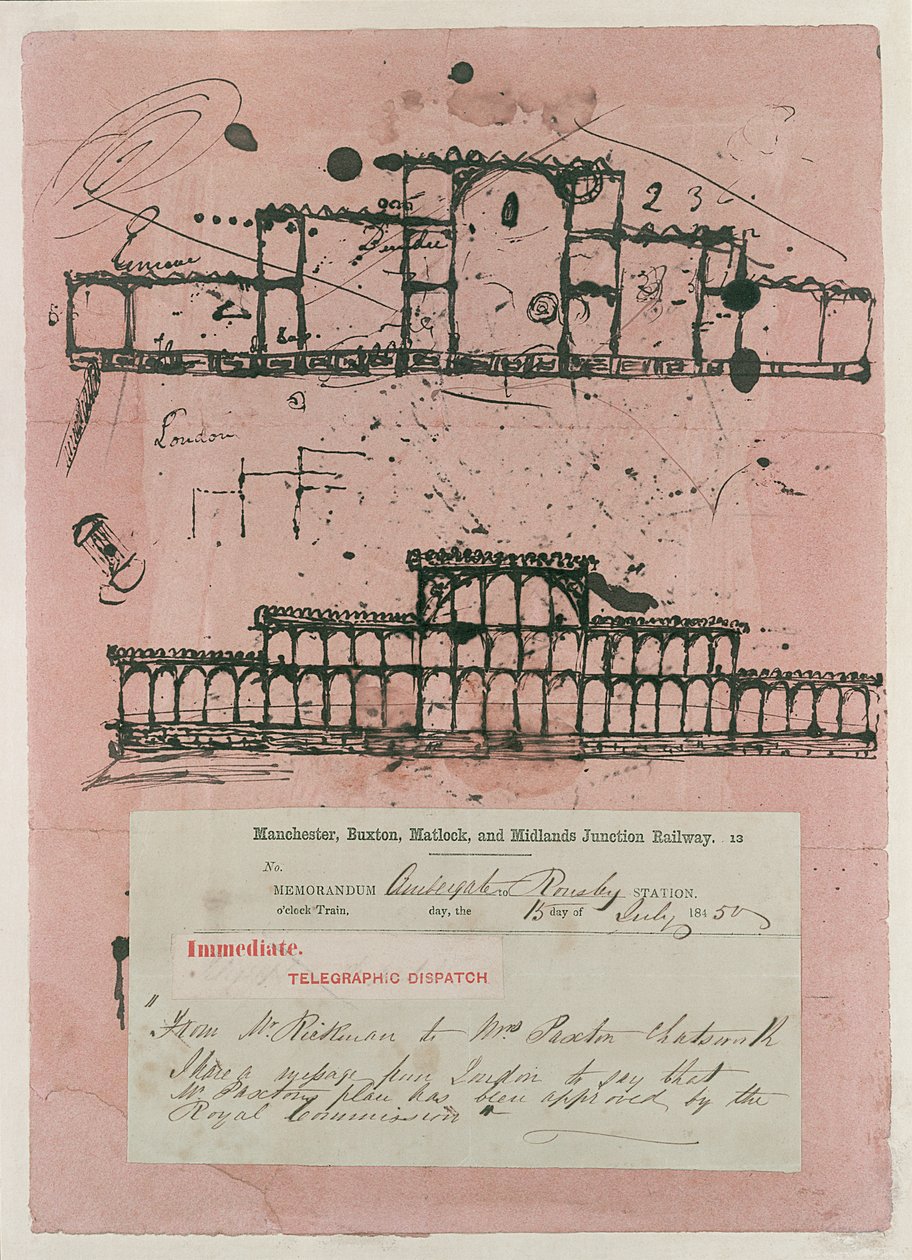 Suuri näyttely, 1851: ensimmäinen luonnos rakennuksesta, 1850 (muste imupaperille) tekijältä Joseph Paxton