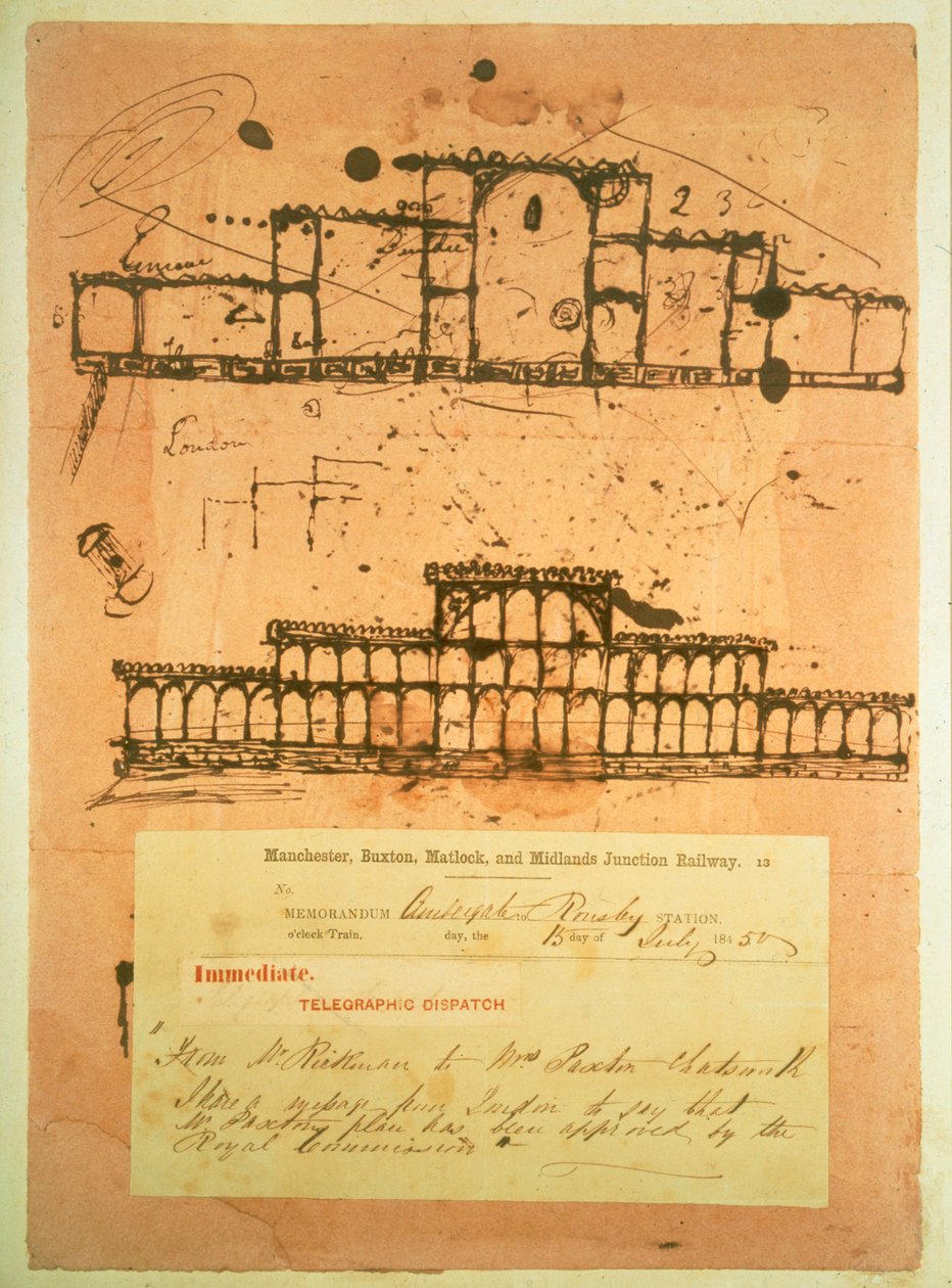 Luonnos Kristallipalatsista, rakennettu vuosien 1851 ja 1850 suurta näyttelyä varten (muste imupaperille) tekijältä Joseph Paxton
