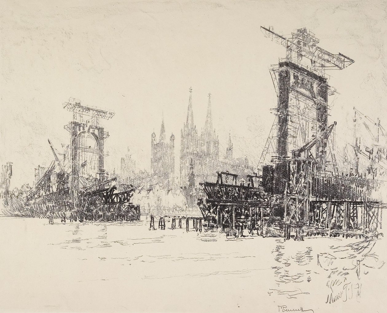 Sillan rakentaminen Kölnissä, 1914 tekijältä Joseph Pennell