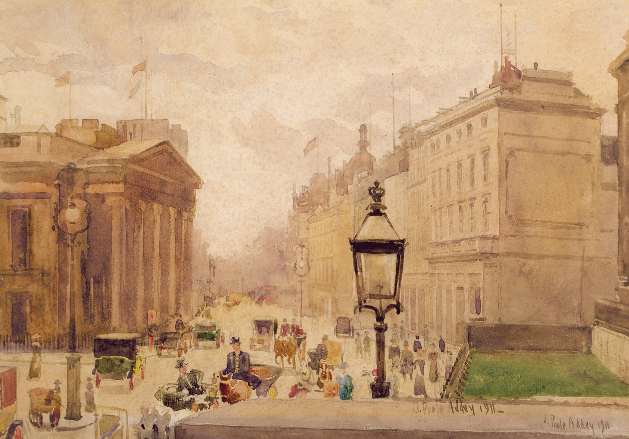 Pall Mall National Gallerysta, näkymä Royal College of Physiciansille, 1911 (wc kynällä paperilla) tekijältä Joseph Poole Addey
