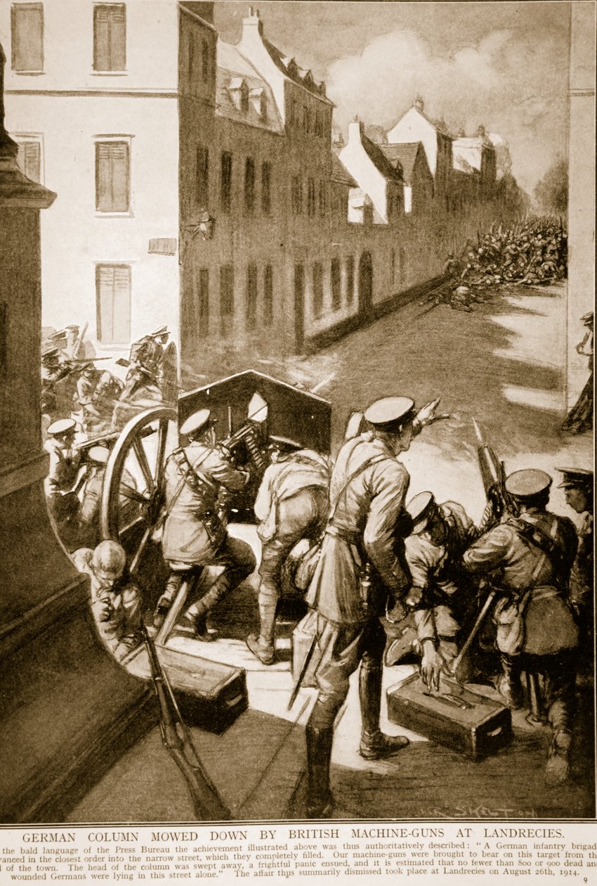 Brittiläiset konekiväärit niittivät saksalaisen kolonnan Landreciesissa tekijältä Joseph Ratcliffe Skelton