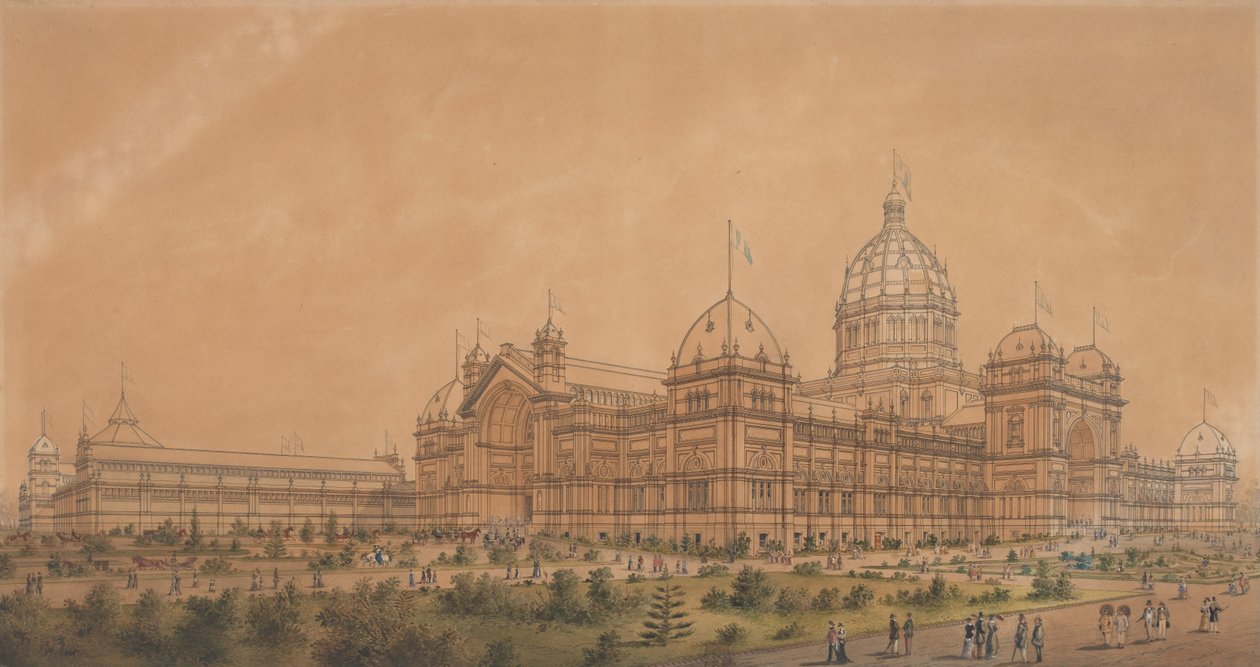 Näyttelyrakennus Melbourne 1880, pääsalin lounaisnäkökulma tekijältä Joseph Reed