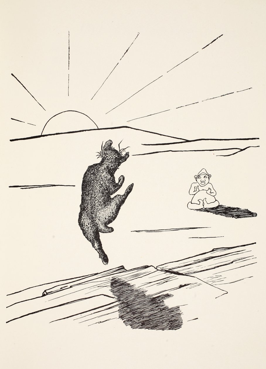 Vanha mies Kenguru, kun hän oli erilainen eläin neljällä lyhyellä jalalla, kuvitus Rudyard Kiplingin, pubin "Just So Stories for Little Children" -kirjasta. Lontoo, 1951 tekijältä Joseph Rudyard Kipling