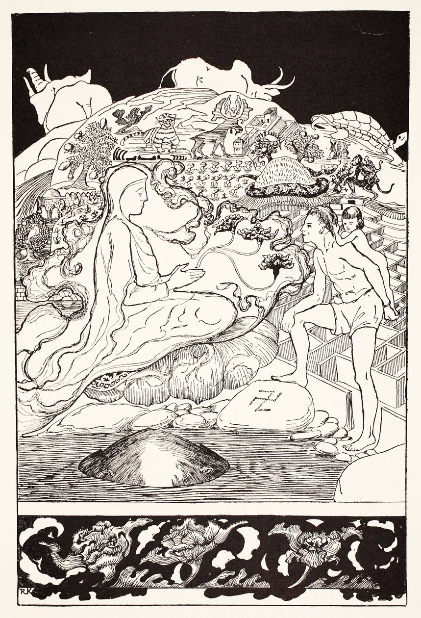 Rapu Pau Amma juoksee karkuun vanhimman taikurin puhuessa Miehelle ja hänen pikkutyttötyttärelleen, kuvitus Rudyard Kiplingin, pubin "Just So Stories for Little Children" -julkaisusta. Lontoo, 1 tekijältä Joseph Rudyard Kipling