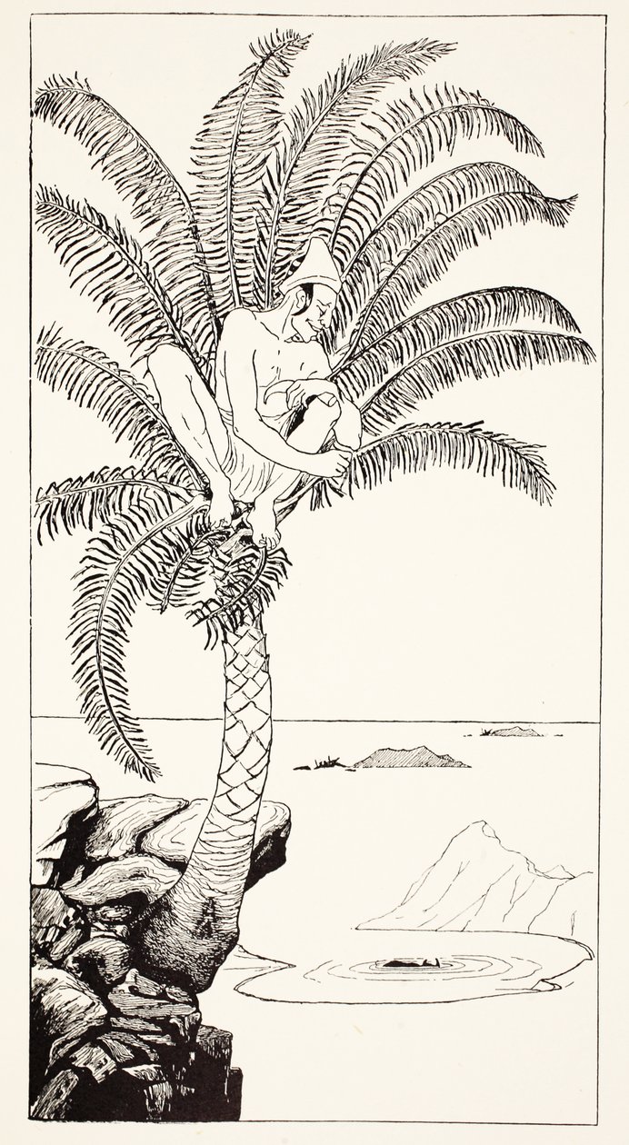 Pestonjee Bomanjee istuu palmussaan ja katselee sarvikuonon haikaroiden kylpemistä, kuvitus Rudyard Kiplingin pubista "Just So Stories for Little Children". Lontoo, 1951 tekijältä Joseph Rudyard Kipling