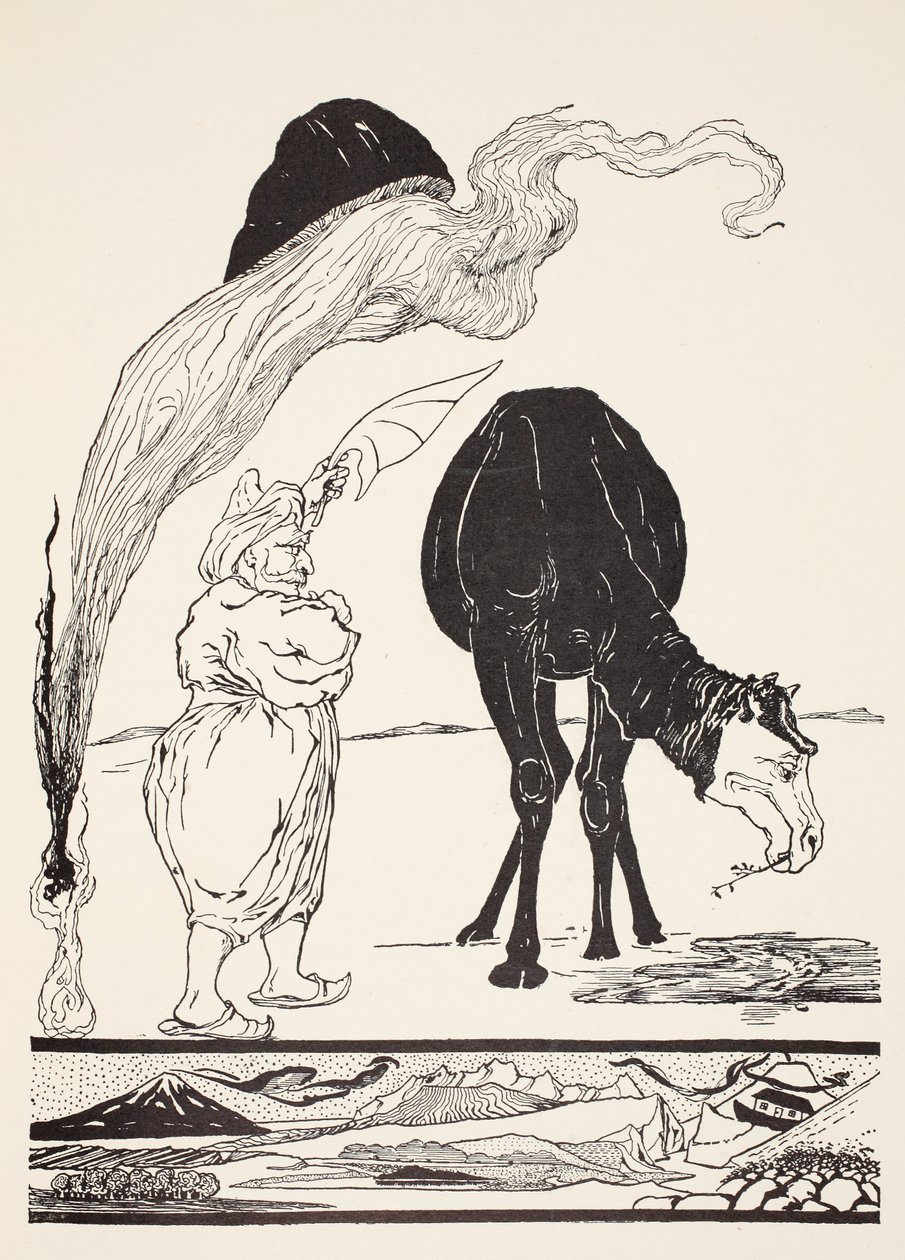Djinn, joka on vastuussa kaikista aavikoista, ohjaa taikuutta taikaviuhkansa kanssa, kuva Rudyard Kiplingin pubista "Just So Stories for Little Children". Lontoo, 1951 tekijältä Joseph Rudyard Kipling