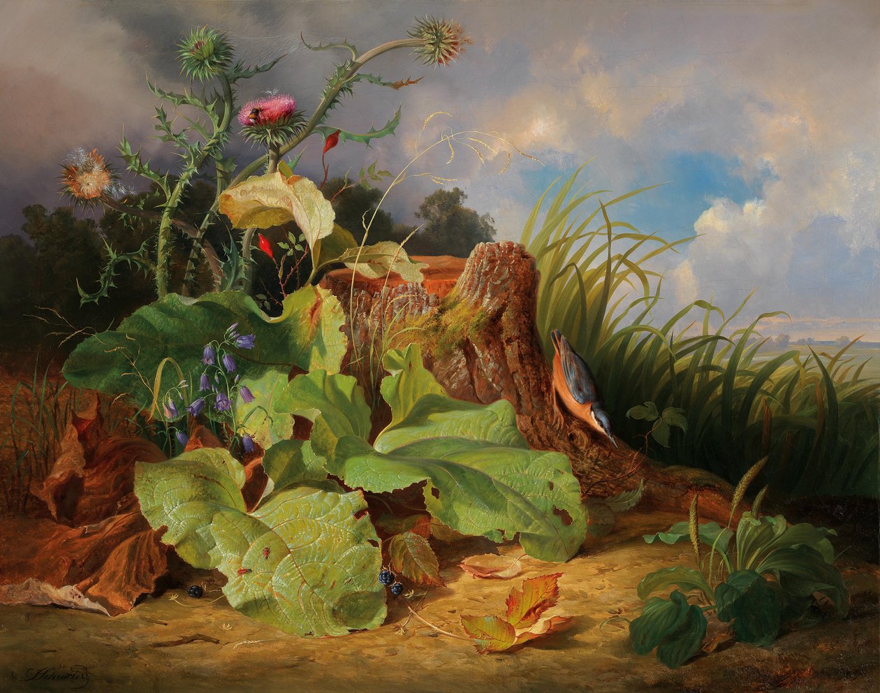 Stillleben mit Disteln, Glockenblumen, Hagebutten und einem Kleiber tekijältä Joseph Schuster