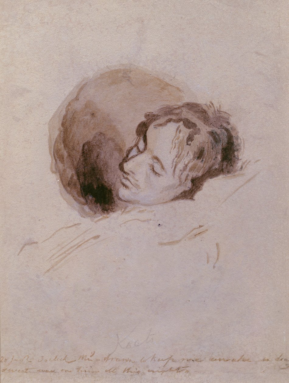 Keats kuolinsängyllään, 1821 (mustepesu paperille) tekijältä Joseph Severn