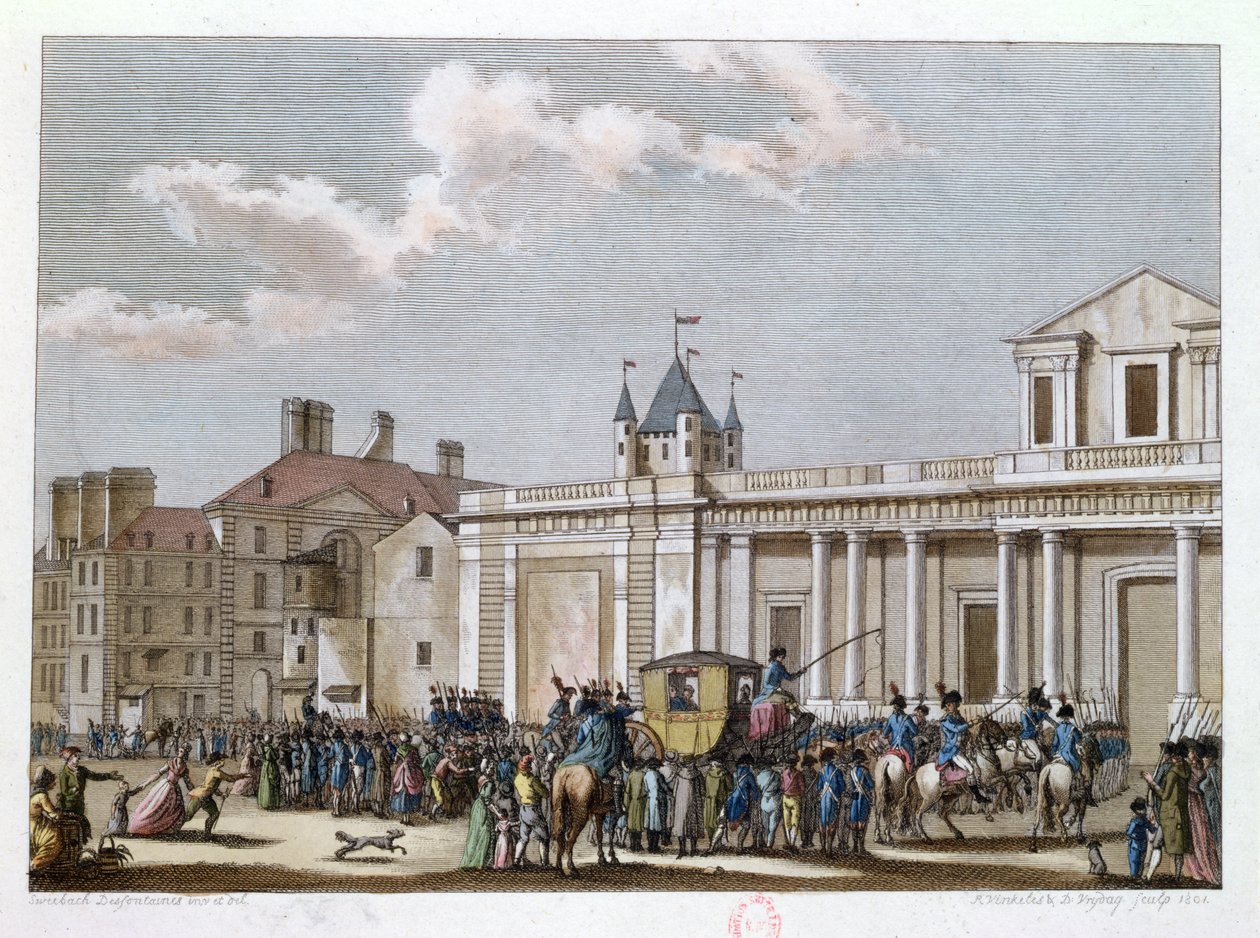 Ludvig XVI (1754-1793) ja hänen perheensä vietiin temppeliin, 13. elokuuta 1792, kaiverrus Reinier Vinkeles (1741-1816) ja Daniel Vrydag (1765-1822) 1801 tekijältä Joseph Swebach Desfontaines