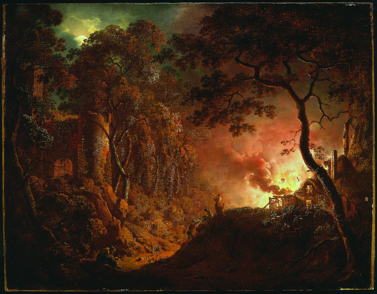 Tulessa oleva mökki, n. 1786-87 tekijältä Joseph Wright of Derby