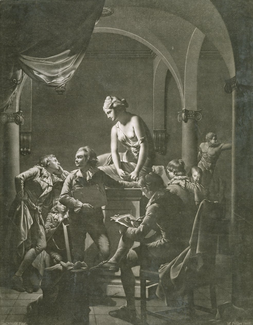 Piirustusakatemia, kaiverrus William Pether (n. 1738-1821) n. 1772 (mezzotint) tekijältä Joseph Wright of Derby