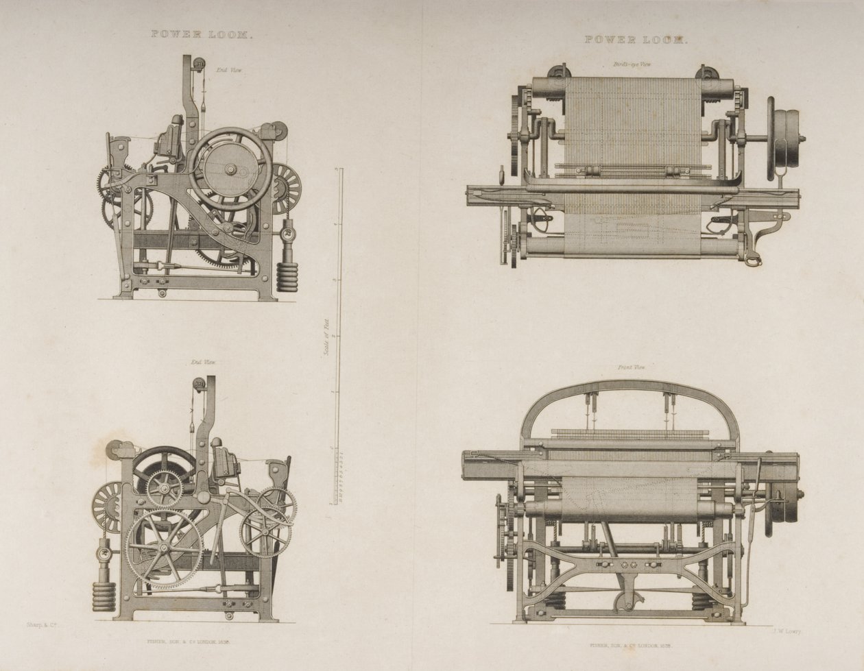 Neljä näkymää Power Loomista, n. 1830 (litografia) tekijältä Joseph Wilson Lowry