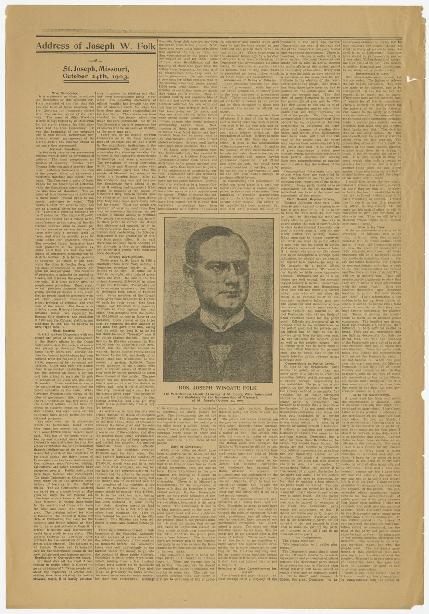 Joseph W. Folkin osoite, St. Joseph, Mo., Missourin hallintoehdokas, 24. lokakuuta 1903 tekijältä Joseph Wingate Folk