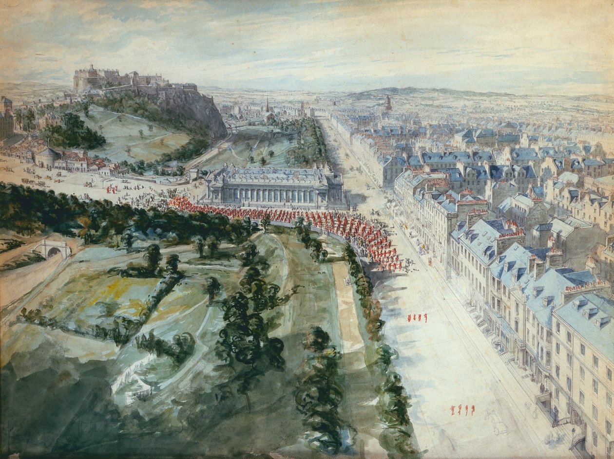Princes Street, Edinburgh Looking West, 10.15 elokuussa 1847, joka näyttää Parade, West of the Institution (wc) tekijältä Joseph Woodfall Ebsworth