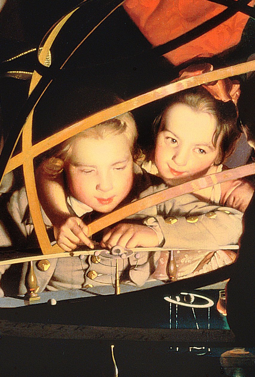 Lapset tarkastelemassa Orrerya, n. 1766 öljy kankaalle, yksityiskohta 4262 tekijältä Joseph Wright of Derby